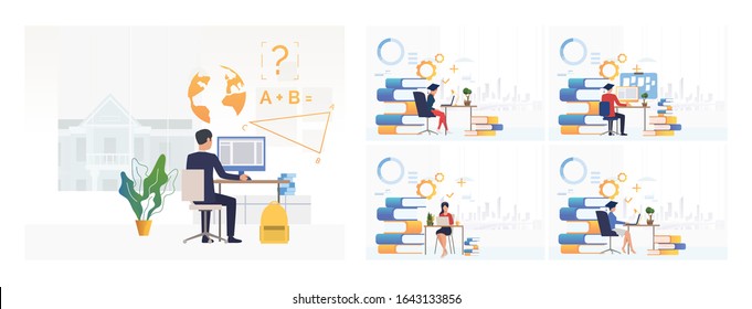 Set of students working on projects. Flat vector illustrations of men and women sitting near stacks of books and using laptop. Education concept for banner, website design or landing web page