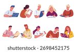 Set of students and young people working on laptops, writing in notebooks, reading, and taking notes. Cartoon doodle vector illustration for education, school projects, online learning, productivity