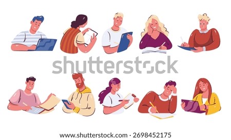 Set of students and young people working on laptops, writing in notebooks, reading, and taking notes. Cartoon doodle vector illustration for education, school projects, online learning, productivity