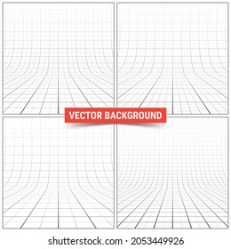 Set of studio backdrops with mesh. Curved perspective grid with major and minor lines. Vector illustration