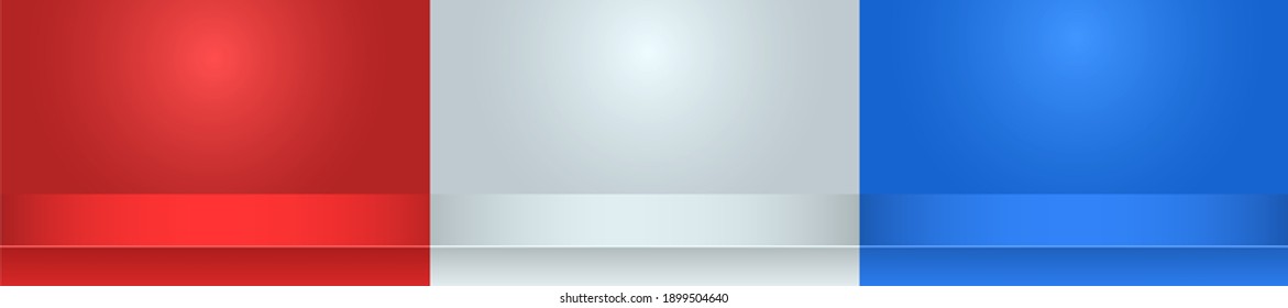 Set of studio backgrounds. Empty studio in red, white, blue color background for product display. Empty room with spotlight effect. Showroom shoot render. Mock up template for your design.