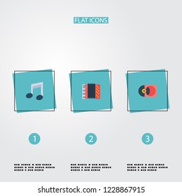 Set of studio icons flat style symbols with vinyl, accordion, musical note and other icons for your web mobile app logo design.