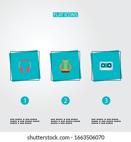 Set of studio icons flat style symbols with headphones, cassette, harp and other icons for your web mobile app logo design.