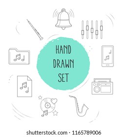 Set of studio icons line style symbols with music on phone, equalizer, oboe and other icons for your web mobile app logo design.