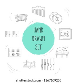 Set of studio icons line style symbols with piano keys, cd, equalizer and other icons for your web mobile app logo design.