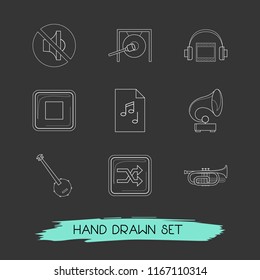 Set of studio icons line style symbols with mute, cornet, shuffle button and other icons for your web mobile app logo design.