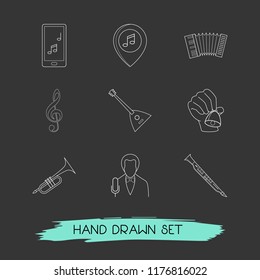 Set of studio icons line style symbols with hand bell, music on phone, singer icons for your web mobile app logo design.
