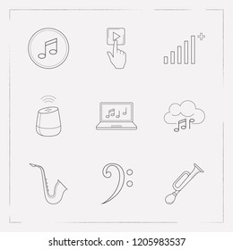 Set of studio icons line style symbols with bass clef, smart speaker, cursor on play button and other icons for your web mobile app logo design.