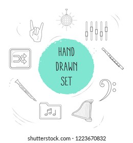 Set of studio icons line style symbols with bass clef, shuffle button, harp and other icons for your web mobile app logo design.