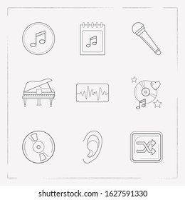 Set of studio icons line style symbols with vinyl, shuffle button, concert day and other icons for your web mobile app logo design.