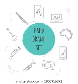 Set of studio icons line style symbols with klaxon, music file, tambourine and other icons for your web mobile app logo design.