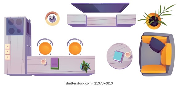 Set Of Studio, Living Room, Kitchen Furniture Top View. Sofa, Coffee Table, Television Hang On Wall, Wooden Tv Stand, Desk With Chairs And Oven, Floor Lamp, Potted Plant, Cartoon Vector Icons Set