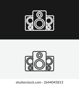 Conjunto de alto-falantes do monitor de estúdio em planos de fundo em preto e branco, representando produção de áudio ou reprodução de música, ícone de contorno branco