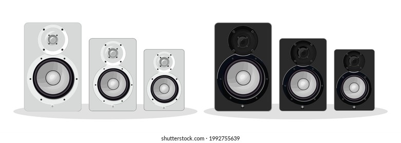 Set of studio monitors white and black in vector. Professional studio equipment. Columns for computer, directors, bloggers and TV people. Acoustic systems for home and studio. Proffesional speakers.  