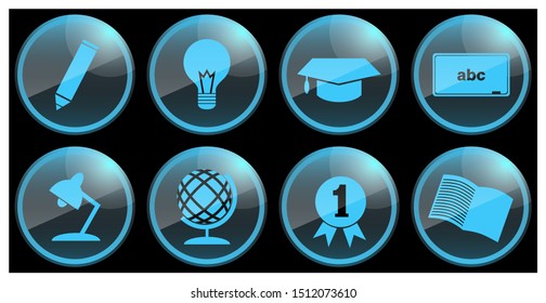 set of study and education icons with a modern and elegant design. using luminous design characters in the dark, reflecting shadows and as if a layer of glazed glass