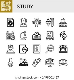 Set of study icons such as Library, Printing test, Graduate, Scientific, Chemistry, School, Booking, Microscope, Education, Books, Audiobook, Book, Zoom out, Flask, Diploma , study