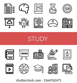Set of study icons. Such as Writing, Presentation, Brain, Scientific, Book, Manual book, Chemistry, Cap, Education, Catalog, Digital book, Pencil, Equator, Mortarboard , study icons