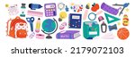 Set of study school supplies: backpack, pencils, brushes, paints, ruler, sharpener, stickers, calculator, books, glue, globe. Children's cute stationery subjects. Back to school. Flat illustration.