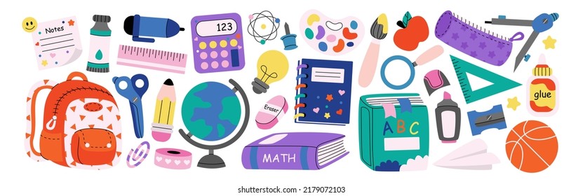 Set study school supplies: backpack  pencils  brushes  paints  ruler  sharpener  stickers  calculator  books  glue  globe  Children's cute stationery subjects  Back to school  Flat illustration 