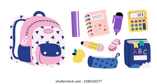 Set of study school supplies: backpack, pencil, ruler, calculator, abc book, notebook with stickers, eraser, apple, pen. Children's cute stationery subjects. Back to school. Flat illustration.