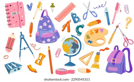 Conjunto de materiales escolares de estudio: mochila, lápices, pinceles, pinturas, regla, afilador, pegatinas, calculadora, libros, pegamento, globo. De vuelta a la escuela. Los niños adorables asignaturas de papel. Ilustración vectorial.