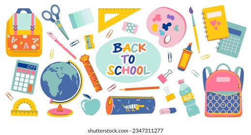 Set of study school supplies: backpack, pencils, brushes, paints, ruler, sharpener,  calculator, globe. Children's cute stationery subjects. Back to school. Trendy modern vector illustration isolated 