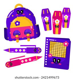 Set of study school supplies: backpack, pencils, pen, stabilo, stickers,  Children's cute stationery subjects. Back to school. Flat illustration. Handdrawn style.