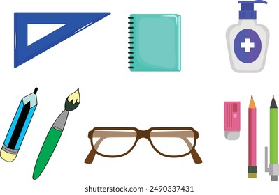 Set of study school supplies: backpack, pencils, brushes, paints, ruler, sharpener, stickers, calculator, books, glue, globe. Children's cute stationery subjects. Back to school. Flat illustration