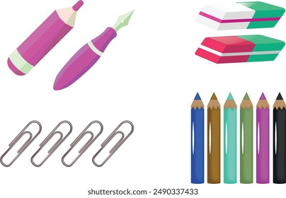 Set of study school supplies: backpack, pencils, brushes, paints, ruler, sharpener, stickers, calculator, books, glue, globe. Children's cute stationery subjects. Back to school. Flat illustration