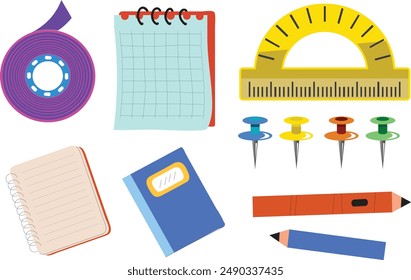 Set of study school supplies: backpack, pencils, brushes, paints, ruler, sharpener, stickers, calculator, books, glue, globe. Children's cute stationery subjects. Back to school. Flat illustration