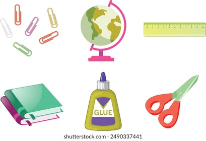 Set of study school supplies: backpack, pencils, brushes, paints, ruler, sharpener, stickers, calculator, books, glue, globe. Children's cute stationery subjects. Back to school. Flat illustration