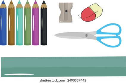 Set of study school supplies: backpack, pencils, brushes, paints, ruler, sharpener, stickers, calculator, books, glue, globe. Children's cute stationery subjects. Back to school. Flat illustration