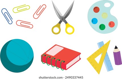 Set of study school supplies: backpack, pencils, brushes, paints, ruler, sharpener, stickers, calculator, books, glue, globe. Children's cute stationery subjects. Back to school. Flat illustration