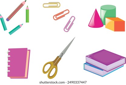 Set of study school supplies: backpack, pencils, brushes, paints, ruler, sharpener, stickers, calculator, books, glue, globe. Children's cute stationery subjects. Back to school. Flat illustration