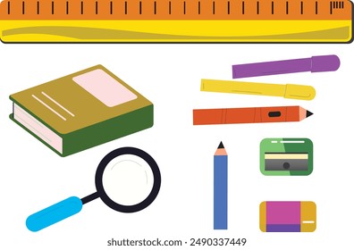 Conjunto de útiles escolares de estudio: mochila, lápices, pinceles, pinturas, Regla, sacapuntas, pegatinas, calculadora, libros, pegamento, globo. Temas de papelería lindos de los niños. De vuelta a la escuela. Ilustración plana