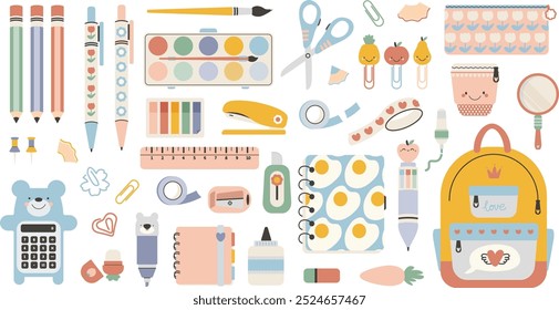 Conjunto de material escolar de estudo: mochila, lápis, pincéis, tintas, régua, afiador, adesivos, calculadora, cola, clipes de papel. Assuntos de papelaria bonito das crianças. De volta à escola. Ilustração plana.