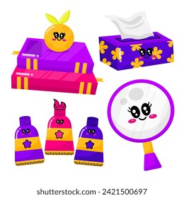 Set of study school supplies: brushes, color paint, paints, tissue box, magnifier, books, zoom, science stuff. Children's cute stationery subjects. Back to school. Flat illustration. Handdrawn style.