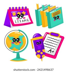 Set of study school supplies: calendar, pencils, paper, stickers, books,  globe. Children's cute stationery subjects. Back to school. Flat illustration.