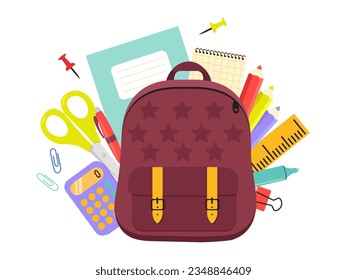 Set of study school supplies. Children's cute stationery subjects for Back to school. Flat vector illustration