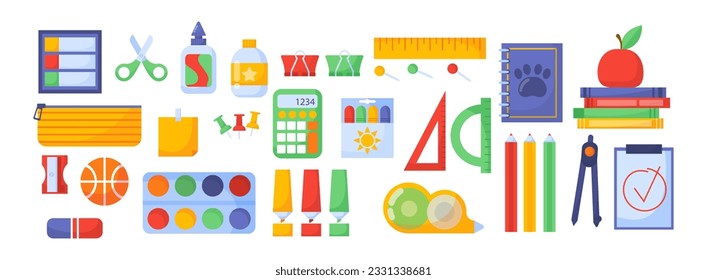 Set of study school supplies. Stationery, rulers and .colorful pencils. Education, learning and training. College and university. Cartoon flat vector collection isolated on white background