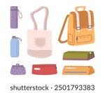 Set of study school supplies. Vector essential items for students, storage and organization. Childrens cute stationery subjects. Isolated set of pencil cases and water bottles, backpack and bag