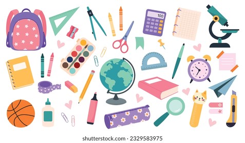 Set of study school supplies. Vector illustration of stationery on a white background.