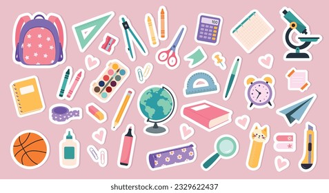 Set of study school supplies. Vector stickers of stationery on a white background.