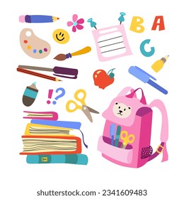 Set of study school supplies. Vector elements backpack, pencils, brushes, paints, books. Childrens cute stationery subjects. Back to school.