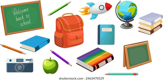 Set of study school supplies. Welcome back to school. Educational design for posters, web3, invitations, banners. Vecor illustarion
