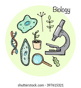Set of studying elements. Biology topic. Vector illustration in sketch style