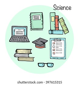 Set of studying elements. Science topic. Vector illustration in sketch style