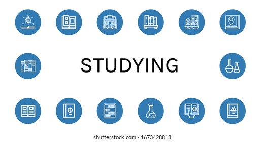 Set of studying icons. Such as Book, Catalog, Bookstore, Bookshelf, Open book, Bookcase, Chemical, Reading , studying icons