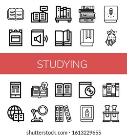 Set of studying icons. Such as Open book, School bag, Reading, Audio book, Bookshelf, Book, Books, Encyclopedia, Magnifying glass, Audiobook, Chemical , studying icons