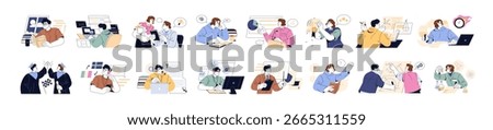 Set of studying people. Students are learning foreign languages, programming, reading books, solve maths in school. Concept of education. Flat isolated outline vector illustrations on white background